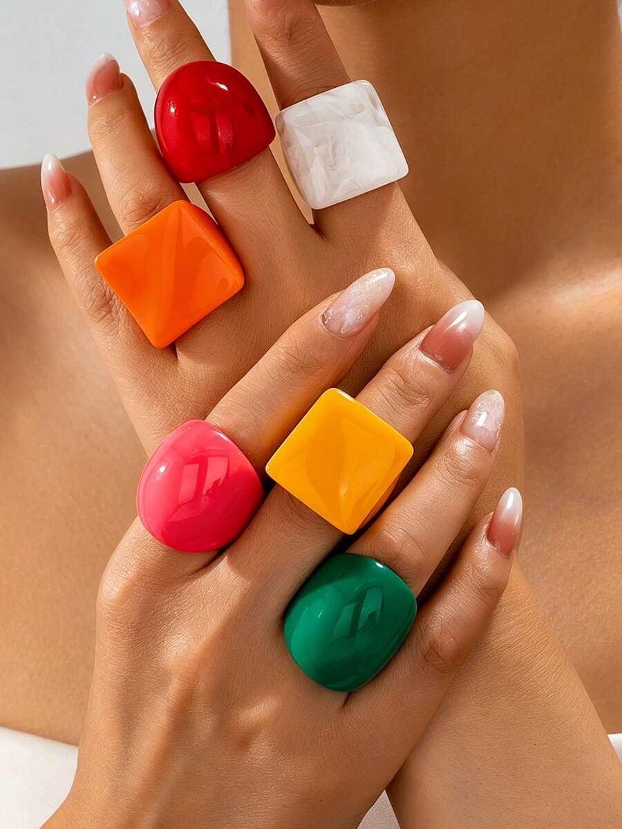 Set Cincin Resin Bentuk Hati Geometris Warna-warni 5 Buah untuk Liburan, Cocok untuk Wanita, untuk Perjalanan, Pemakaian Sehari-hari, dan Pakaian Sehari-hari - MultiWarna - View 1