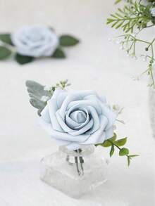 25件裝逼真玫瑰人造花，可彎曲長莖假玫瑰，秋季裝飾，質感花卉，適用於婚禮裝飾、居家裝飾、花藝布置、活動、節日、派對（每25件附2片葉子） - 淺藍色 - 查看 4