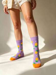Summer Comfortable Pineapple Jacquard Mid-Calf Women's Socks, Light Purple Fruit Pattern Casual Elastic Neutral Socks For Women - Multicolor - View 2