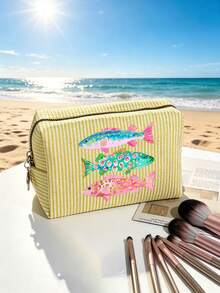 Seersucker Small Makeup Bag, Striped Embroidered Makeup Bag, Large Capacity Cosmetic Storage Bag, Travel Toiletry Bag, Perfect For Beach Trips, Swimming, Shopping And Daily Use, Suitable For Women, Travelers And Beach Lovers, Perfect For Spring Break, Easter, Mother's Day, Vacation And Gift Giving, Woven Material, Can Be Used As A Beach Bag, Shopping Bag And Travel Companion - Multicolor - View 16