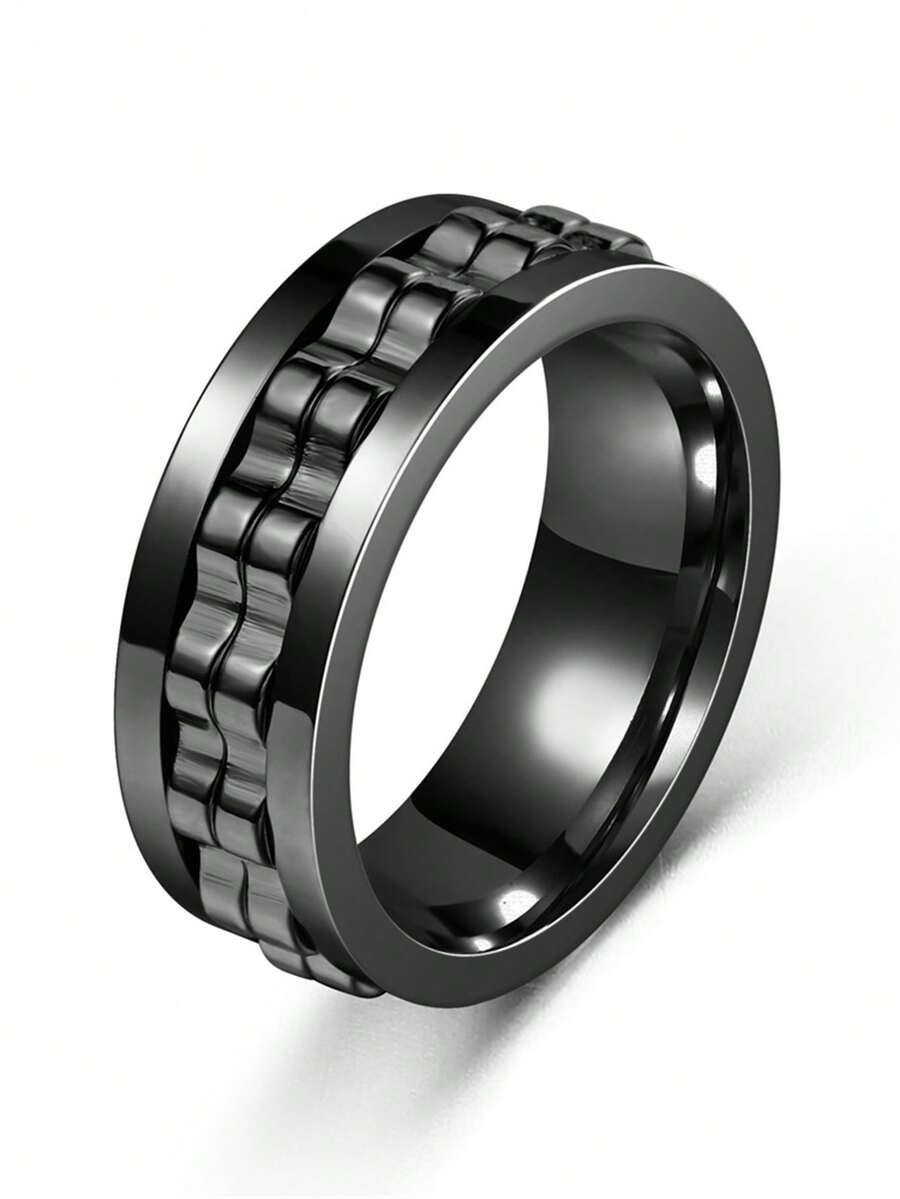 1pc Casual Fashion Minimalist Design Men's Stainless Steel Gear Ring, Suitable For Daily Wear, Ideal Holiday Gift - Black - View 1
