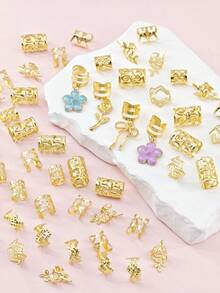 54pcs Flower Shaped Wavy Hair Rings With Colorful Camellia, Multi-Shape Adjustable Romantic Garden Style Women's Dreadlock Accessories,Hair Claws - Gold - View 7