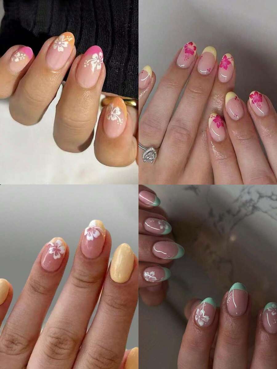 96片(4款)短橢圓形美甲貼紙,木槿花美甲設計,法式美甲貼紙,短甲完美貼合假指甲組,含1片雙面黏貼膠與1個美甲銼刀,法式美甲,夏季美甲 - 彩色 - 查看 1