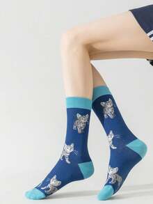 1 par de calcetines de media pantorrilla talla grande para mujer con estampado de gato de dibujos animados, estilo pareja, calcetines largos para primavera, otoño e invierno - Azul - Ver 3