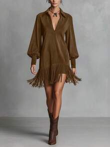 Women's Short Suede Shirt Dress With Lapel Collar, Puff Sleeves And Fringe At The Hem, Various Shades Of Navy And Brown, Western Cowboy Style For Autumn Country Outings. - 棕色 - 查看 5