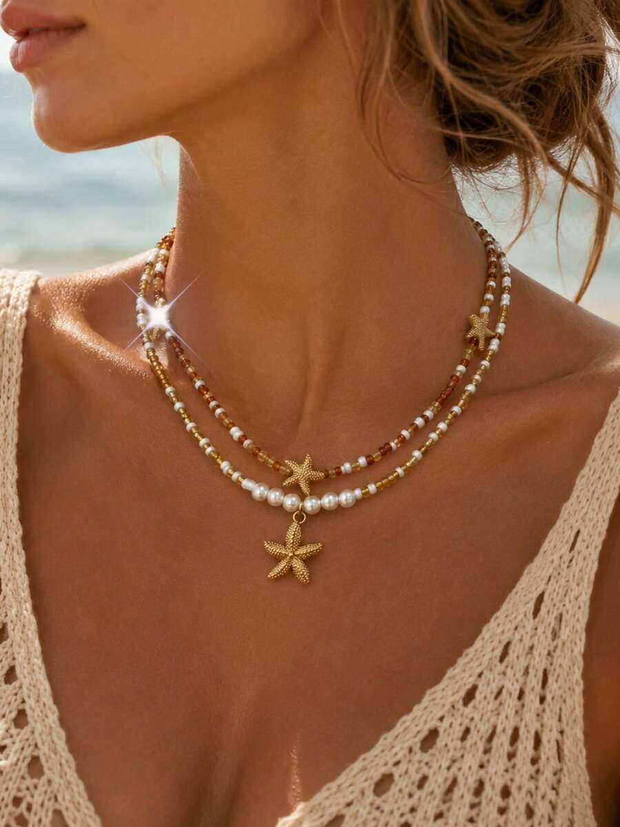 2pcs Bohemian Versatile Starfish Pearl Seed Bead Woven Women's Beaded Necklace, ABS Faux Pearl Choker Necklace, Daily & Vacation Style - Multicolor - View 1