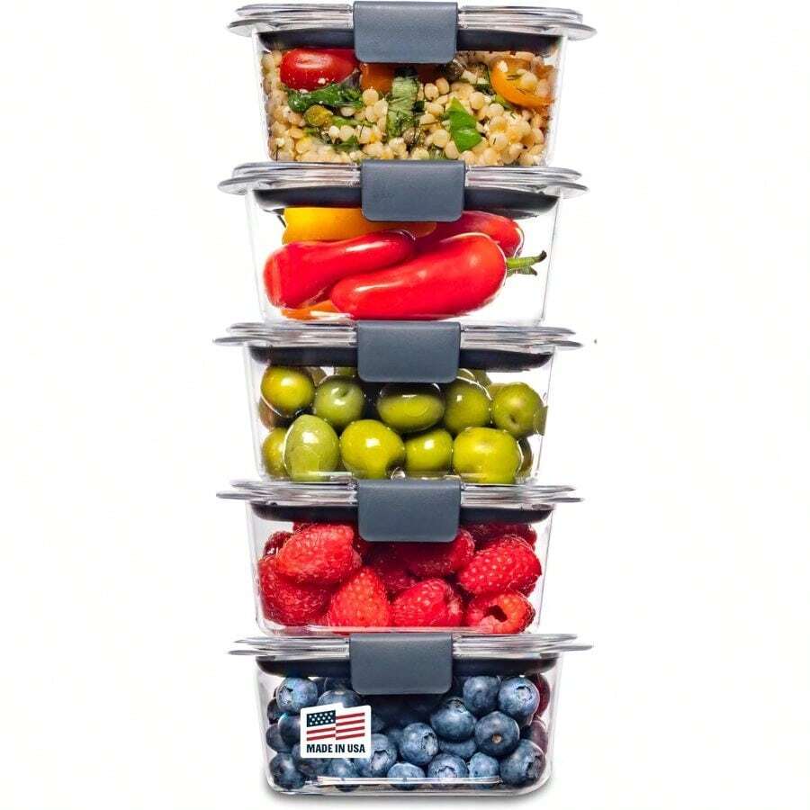 Rubbermaid Brilliance Recipientes de almacenamiento de alimentos con tapas para almuerzo, preparación de comidas y sobras, aptos para lavaplatos, 1.3 tazas, transparente/gris - Transparente + 5-Pack (1.3 Cups) + Contenedor - Ver 1