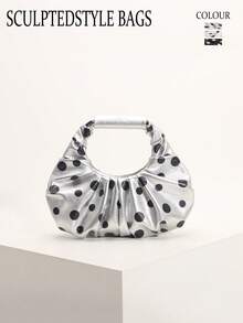 SCULPTEDSTYLE BAGS 1件裝黑白配色圓點印花雲朵包，時尚褶皺設計，極簡拼接優雅女款手提包，適合日常通勤、購物、約會、下午茶 - 銀色 - 查看 9