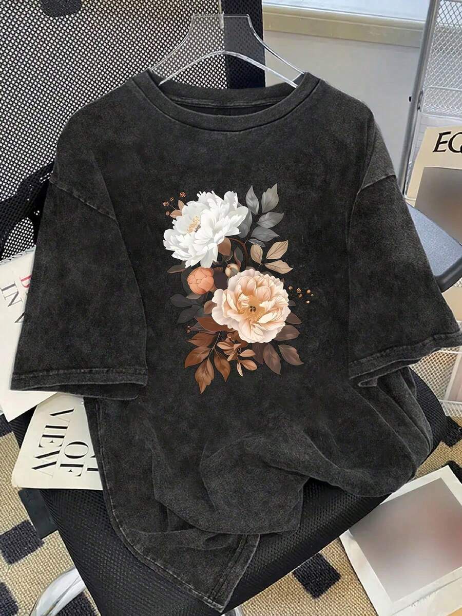 Pure Cotton Comfort. The New 100% Cotton American-Style T-Shirt, Suitable For Both Men And Women, Features A Bohemian Wildflower And Country Look. - 黑色 - 查看 1