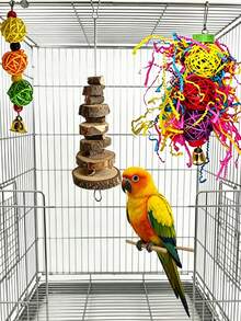 Juego de Juguetes Combinados para Loros, Cuerda de Madera Natural para Masticar + Adorno Colgante de Bola de Mimbre Colorida, Suministros para Aves para Molienda de Dientes y Alivio del Aburrimiento para Loros Pequeños a Medianos - Ver 1