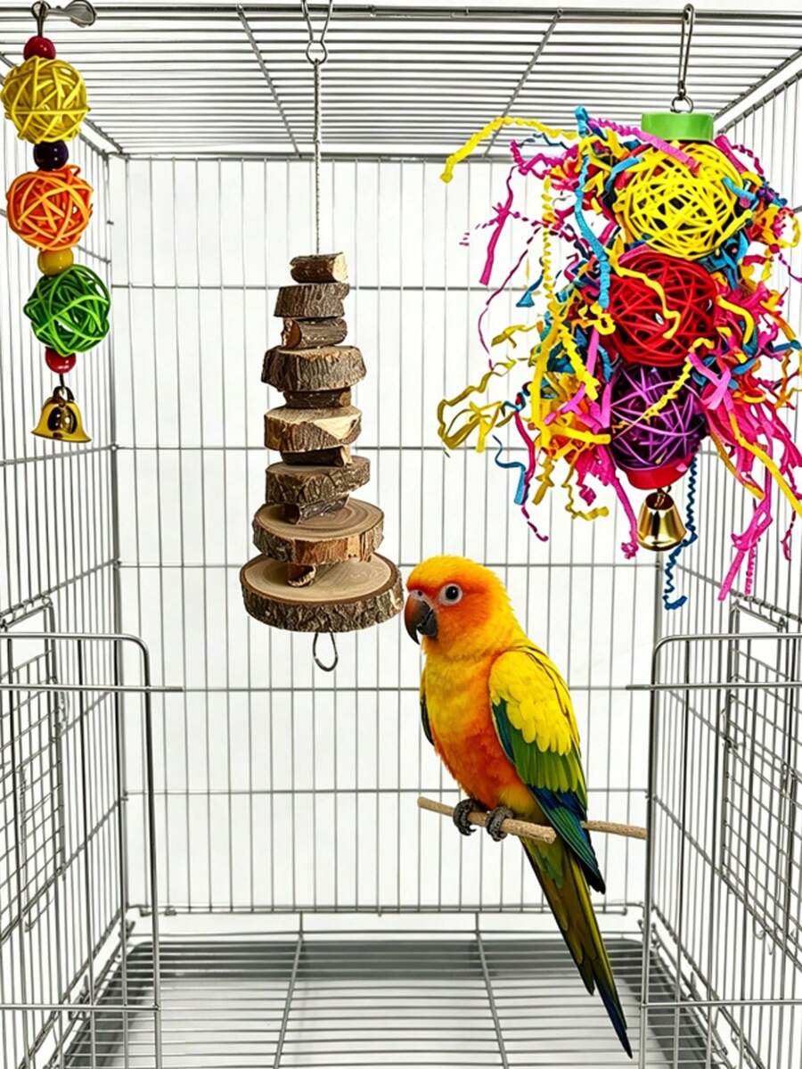 Juego de Juguetes Combinados para Loros, Cuerda de Madera Natural para Masticar + Adorno Colgante de Bola de Mimbre Colorida, Suministros para Aves para Molienda de Dientes y Alivio del Aburrimiento para Loros Pequeños a Medianos - Ver 1