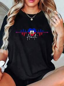 Haiti Heritage Roo Proud Heartbeat Haitian Bandera Orgullo Camiseta Mangas Cortas Camisetara Mujer para Hombre Gráfico Camiseta Causal Tops - Negro - Ver 2
