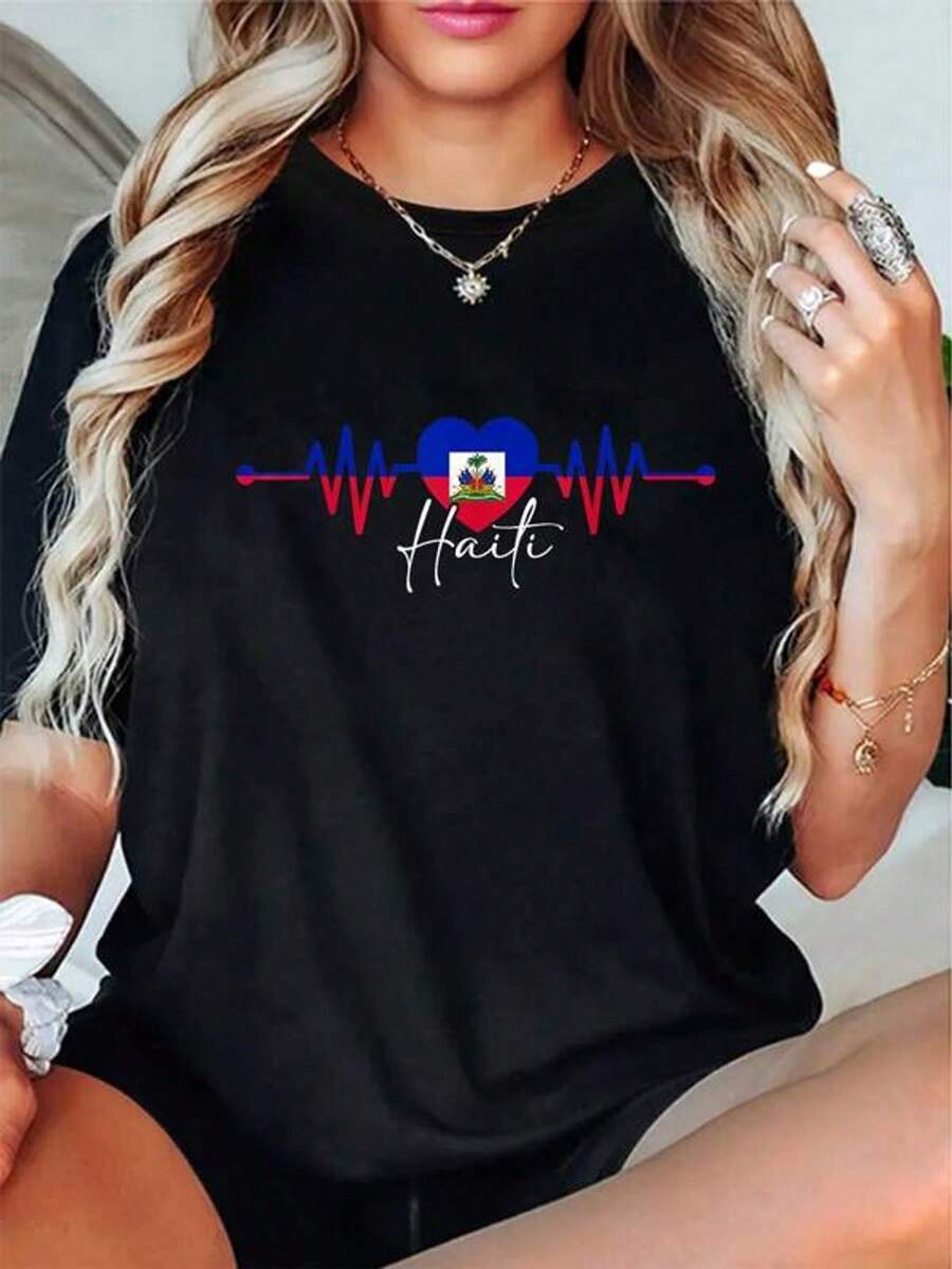 Haiti Heritage Roo Proud Heartbeat Haitian Bandera Orgullo Camiseta Mangas Cortas Camisetara Mujer para Hombre Gráfico Camiseta Causal Tops