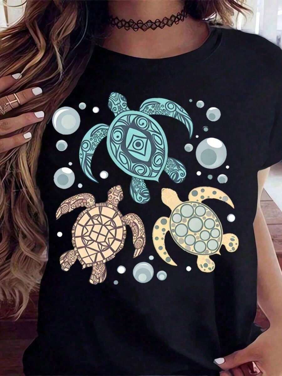 Camiseta oversize 2026 con tortugas de estilo y burbujas, transpirable para uso diario unisex - Negro - Ver 1