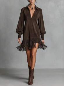 Women's Short Suede Shirt Dress With Lapel Collar, Puff Sleeves And Fringe At The Hem, Various Shades Of Navy And Brown, Western Cowboy Style For Autumn Country Outings. - 咖啡 - 查看 5