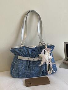 New Fashion Casual Solid Color Denim Fabric Tote Bag Star Pattern Pleated Fabric Women's Shoulder Bag - Blue - View 10