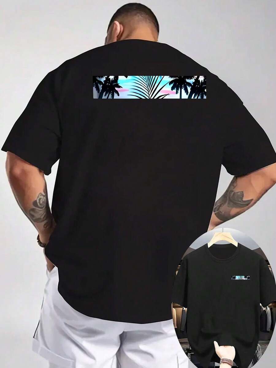 Camiseta de playa tropical para hombre | Estampado de doble cara en la parte trasera, diseño de palmeras, tejido de punto ligero, cuello redondo, mangas cortas, lavable aáquina, adecuado - Negro - Ver 1