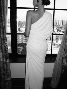 DOUCIU Vintage Style Off-Shoulder Asymmetric Elegant Dress, With Ruched Slim Fit Design, Suitable For Party, Birthday, Event Occasions - White - View 5