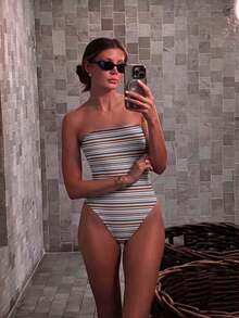 Damen gestreifter Patchwork Bandeau Badeanzug, geeignet für Strandurlaub, Pool-Party, Strandparty im Sommer - Verschiedenfarbig - Übersicht 2