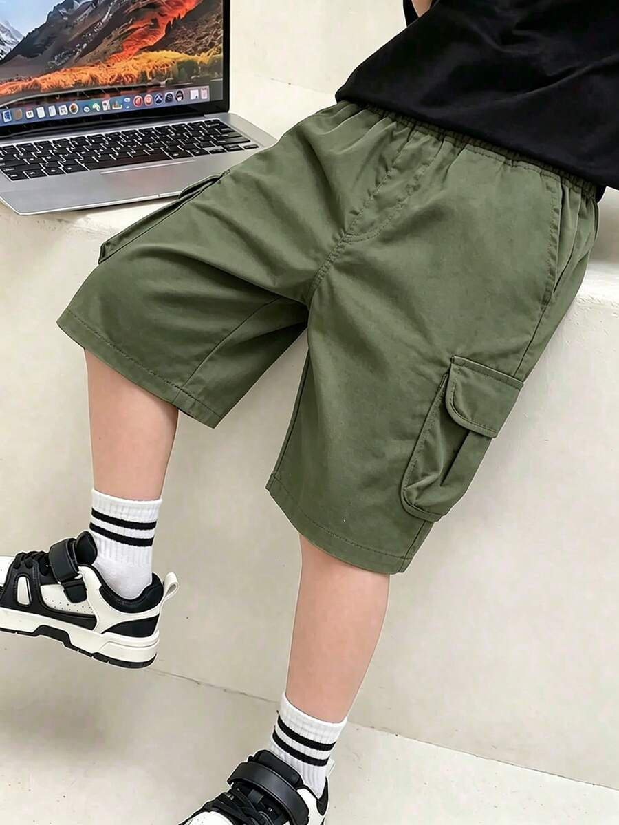 1件青少年男孩運動休閒個性化口袋短褲，百慕達內縫長度，春夏秋季適用 - 綠色 - 查看 1