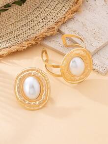 1 Set/2pcs Gorgeous Fashionable Exaggerated Design Metal Oval Inlaid Faux Pearl Geometric Open Adjustable Bracelet + Ring Women's Jewelry Set - Geometric Bracelet and Ring Set - View 4
