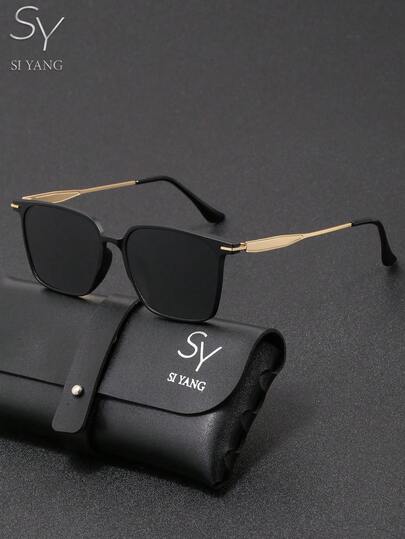 SY SI YANG Brand Men's & Women's Square Frame Polarized Sunglasses, Black Frame Metal Temple Sunglasses, Personalized Street Style Fashion Item, Fashion Casual Driving Outdoor Sun Protection Glasses. Comes With Glasses Storage Bag And Cleaning Cloth