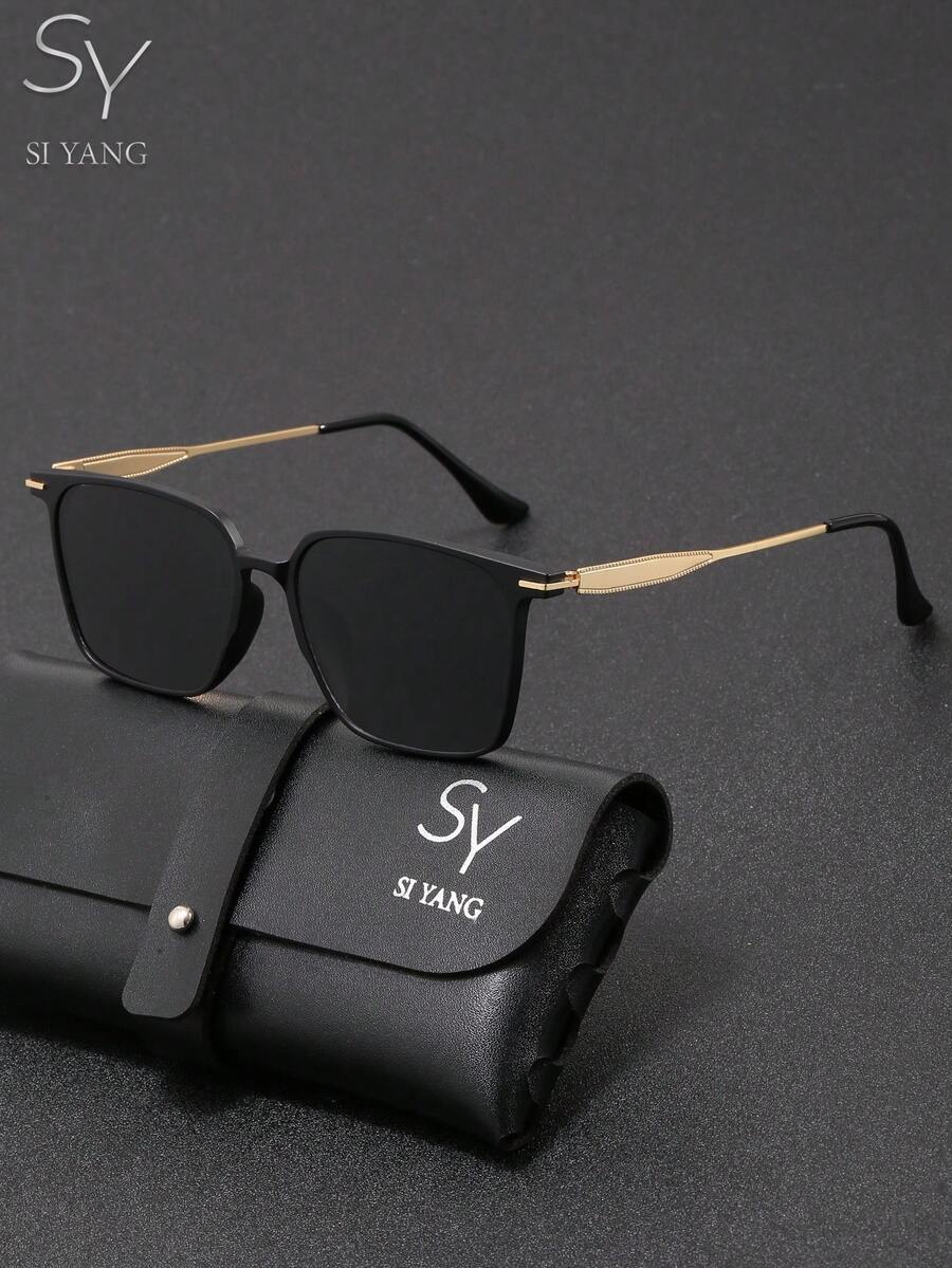 Gafas de sol polarizadas de marco cuadrado de la marca SY SI YANG para hombres & mujeres, gafas de sol con marco negro y patillas de metal, artículo de moda de estilo callejero personalizado, gafas de protección solar casuales de moda para conducir y uso al aire libre. Incluye bolsa de almacenamiento para gafas y paño de limpieza
