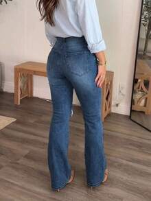 Women's Distressed Elastic Skinny Flare Jeans Casual Spring - 深色水洗藍 - 查看 4