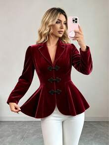 Women's Autumn/Winter Elegant Commute Holiday High-Quality Chinese Style Frog Button Decor Cinched Waist A-Line Long Sleeve Blazer - Burgundy - View 4