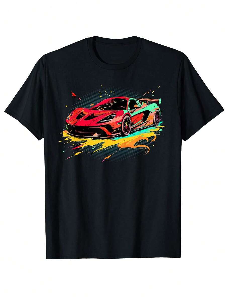 Men's Exotic Supercar Pattern T Shirt - Classic Black With Neon Green And Orange Splash Design,Elastic And Close-Fitting For Casual Wear T Shirt,Suitable For Car Enthusiasts,Suitable For All Seasons,Suitable For Travel And Everyday Wear,Car Enthusiasts And Racing Sports Fans. - Black - View 1