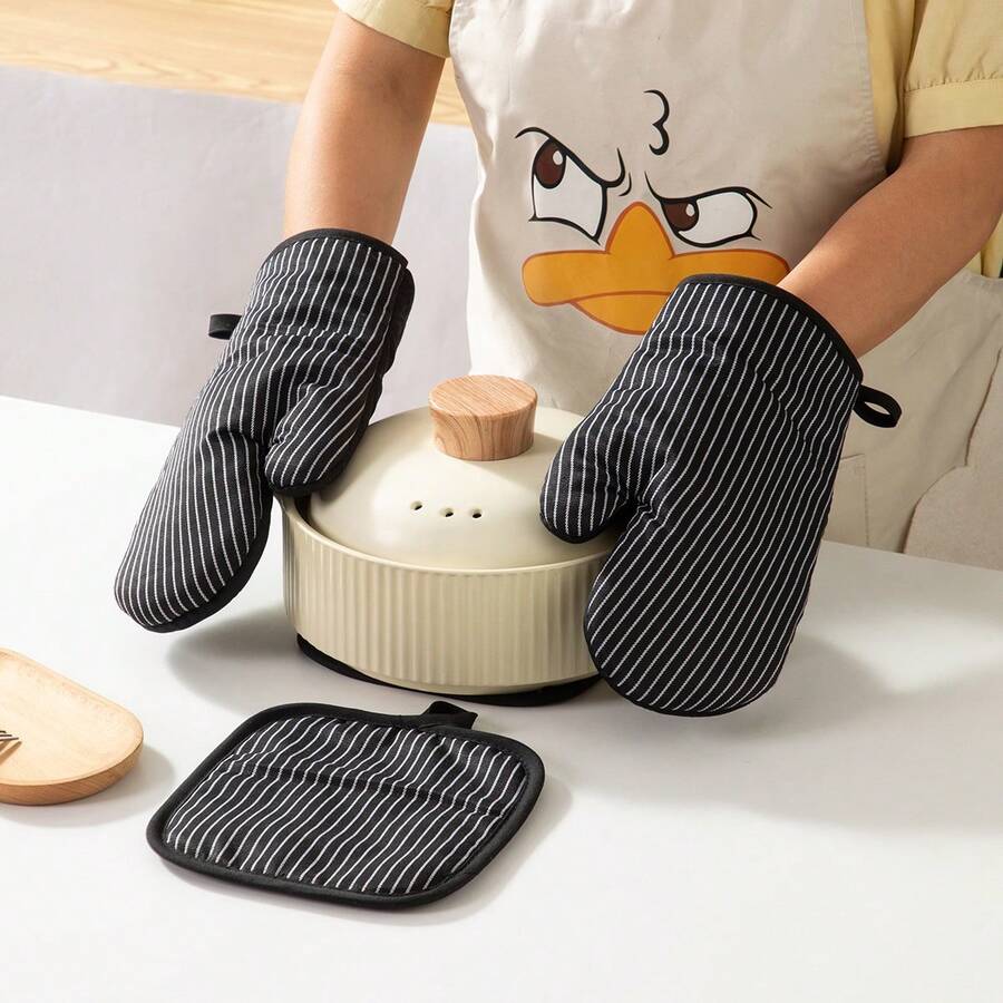 Vertical Striped Oven Mitts & Heat Resistant Pads Set, Quilted Diamond Pattern, Washable, Suitable For Kitchen Cooking & Baking, Microwave Oven Mitts & Heat Resistant Pads 2pcs/4pcs