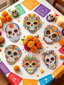 6pcs Mexican Day Of The Dead Sugar Skull Paper Mask, Vibrant Marigold Pattern Skull Cutouts,Party & Home Decor,Altar, Offering & Halloween Display,Mexican Day Of The Dead Altar Decor,Photo Props, May 5th Use,Party Backdrop - Multicolor - View 8