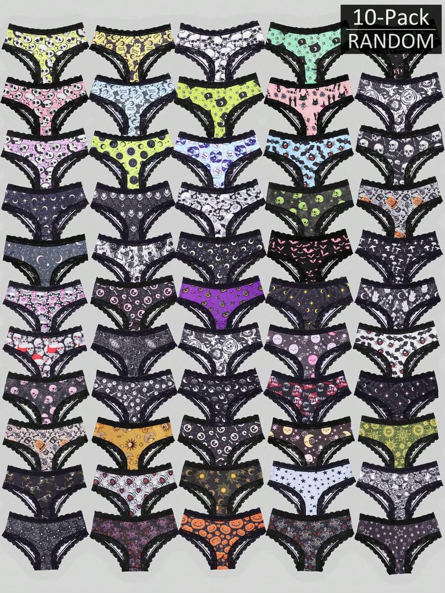 Dircho 10pcs Random Women's Print Briefs Set & Star-Moon & Heart & Cartoon Pattern & Black Lace Trim & Mixed Color Scheme & Daily Comfort Underwear - Multicolor - View 1