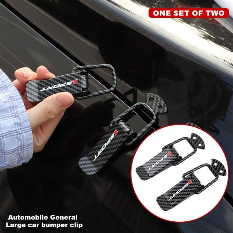 2 PCS Carbon Fiber Car Bumper Clips, SPORT Logo Fashion Design Car Bumper Safety Hook Lock, Universal Quick Release Front And Rear Bumper Trunk Fastener Clip Set, Universal Black, Suitable For Car And Truck Bumper, Mud Guard, Trunk Lid, Rear Body Parts Metal Fixing Clips, Car Decorative Accessories
