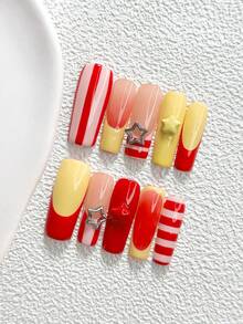 10pcs Fashion Handmade Press-On Nails, Polygel Nail Art Set, Striped Hollow & Star Design, Yellow-Red Color Scheme, Pink Nail Polish, Unique Style, Includes Nail Tools, 3 Sizes Available, Almond, Duck, Coffin Shape, Suitable For Party, Dancing, Daily Wear - 彩色 - 查看 14