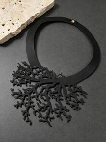 1pc Hollow Black Double Layer PU Leather Coral Shaped Exaggerated Choker Necklace Personalized Branch Gothic Style Vintage Necklace - Black - View 3