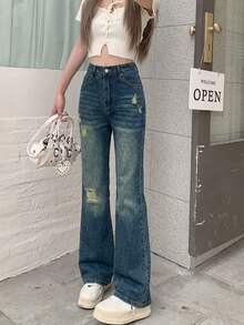 Women's Solid Color Mid-Waist Straight Leg Loose Ripped Casual Jeans - Blue - View 6