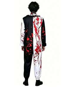 男士万圣节恐怖血腥小丑服装，角色扮演舞台表演服，带泼墨印花 - 黑與白 - 查看 2