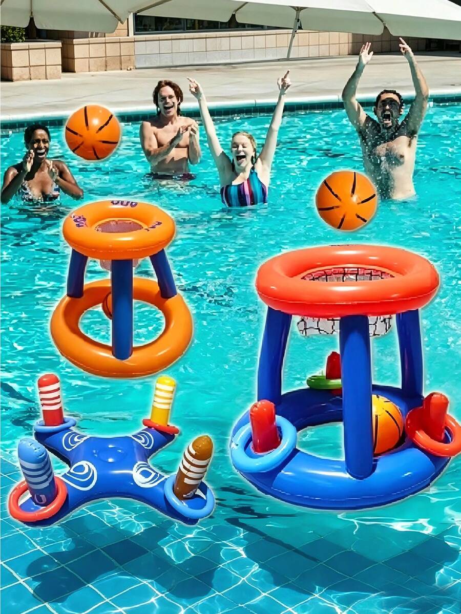 5pcs Portable Inflatable Basketball Hoop Set For Swimming Pool Party, Includes Inflatable Basketball Hoop With Ball, Pool Accessories, Suitable For Adult Family Entertainment, Outdoor Leisure, Summer Party, Beach, Lake - Multicolor - View 1