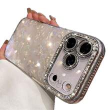 Funda de teléfono con textura de concha arcoíris de cobertura completa, marco de cámara de diamante con estampado de amor lindo, funda protectora ultra delgada resistente a arañazos, compatible con iPhone 17 16 15 14 13 Pro Max 12 Pro Max 11, varios regalos para días festivos - Blanco - Ver 3