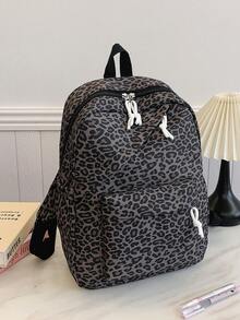 1pc Large Capacity Nylon Student Backpack, Minimalist Leopard Print College Girls Backpack, Girls Nylon Backpack, Girls Travel Backpack - Multicolor - View 5