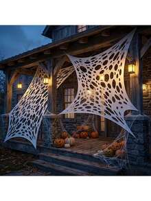 Giant Spider Web Outdoor Decor, Horror Spider Web Decoration, White Hollow Mesh Asymmetrical Hole Shape + Can Be Paired With Realistic Spiders (Spiders Not Included) / Ground Pegs For Fixing + Used For Outdoor Lawn And Porch Scene Arrangement - Multicolor - View 5