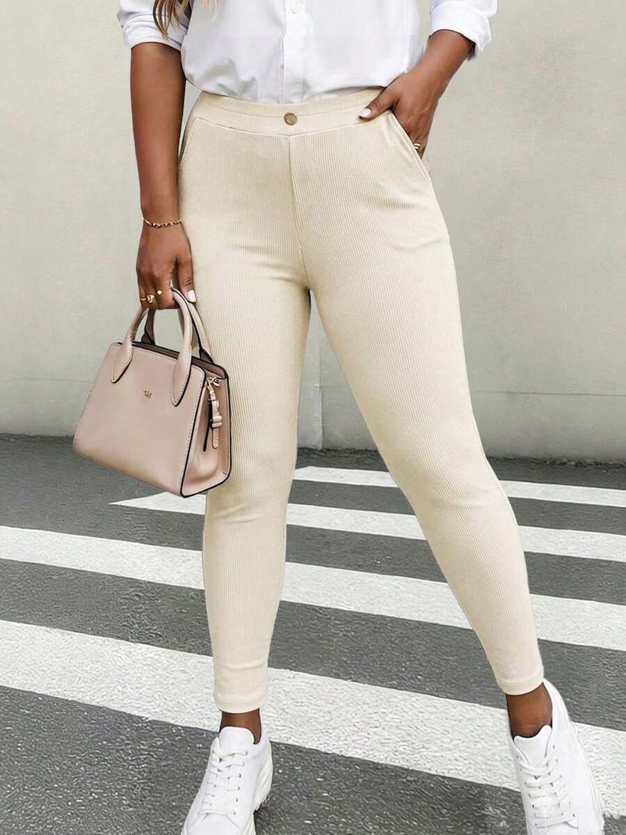 HOMEYEE Women's Fashion Casual Ribbed Knit Straight Leg Pants With Pockets, Long Design, Suitable For Daily Wear, Autumn - Apricot - View 1