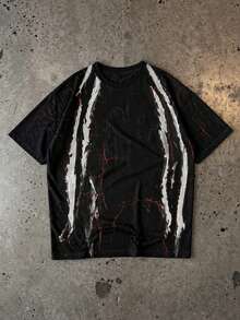 Krometka Men's Black Loose Fit T-Shirt, White & Red Claw Mark And Lightning Crack Print Crew Neck Short Sleeve Streetwear Top - Black - View 4