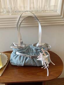 New Fashion Casual Solid Color Denim Fabric Tote Bag Star Pattern Pleated Fabric Women's Shoulder Bag - Baby Blue - View 8