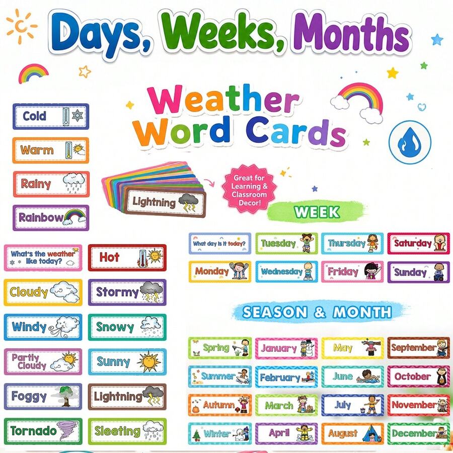 Lachilly 8/16pcs Weather, Day Of The Week, Month And Season Learning Cards Set, Montessori Children Education Flash Cards, Classroom Wall Decor Teaching Supplies