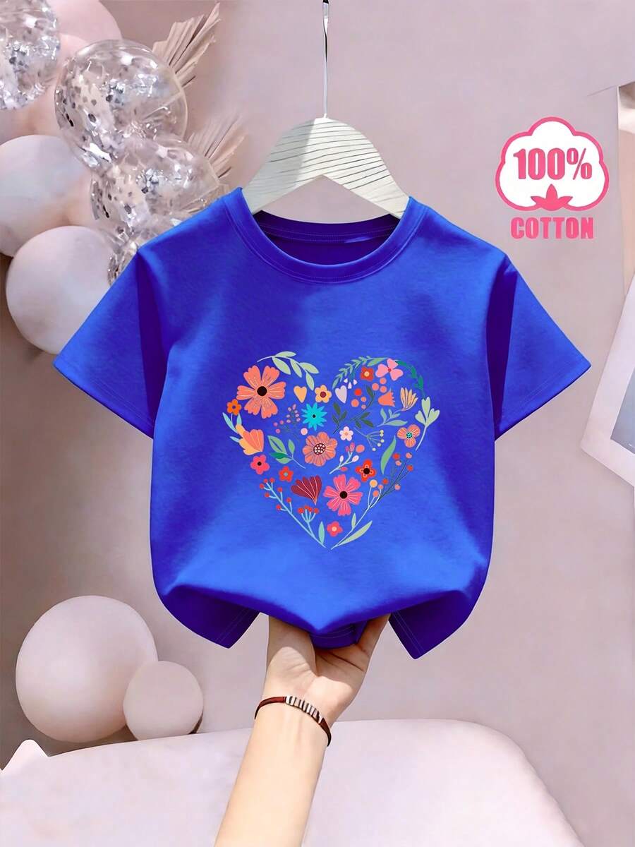 Girls' Short Sleeve T-Shirt With Heart, Flower And Letter Print, Cool And Breathable For Spring/Summer, 100% Cotton, Loose And Casual Fit In Small Sizes - 藍色 - 查看 1