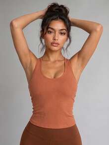Never me 女款素色休閒百搭日常旅行彈性舒適跑步運動瑜珈無袖運動T恤露背內建胸墊 - 珊瑚紅 - 查看 6