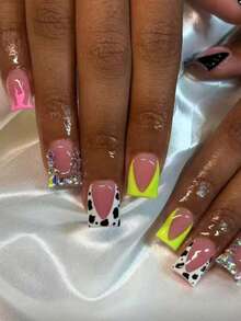 24pcs European And American Minimalist Black & White Cow Print Short Square False Nails, Decorated With Various Rhinestones, Suitable For Spring & Summer Wear, Suitable For Daily Life, Work, Comes With Gel And Nail File, Manicure Supplies - Black and White - View 14