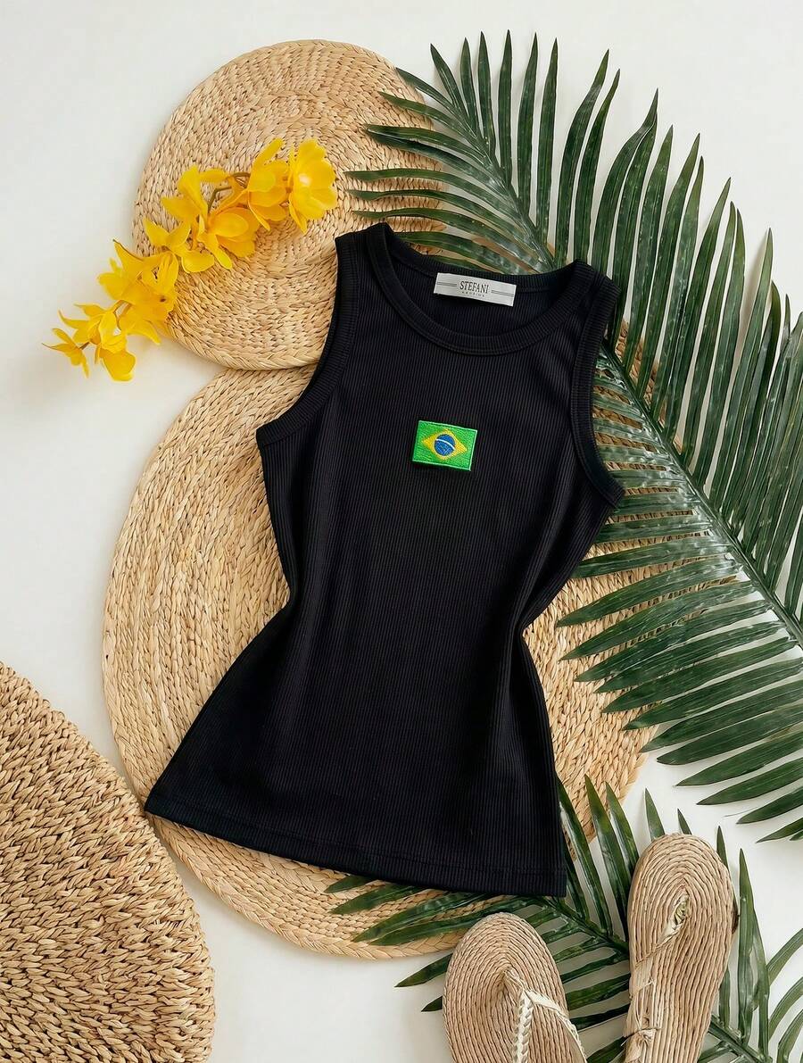 Women's Tank Top Summer 2026 Brazilian Flag Embroidered Ribbed Knit - Black - View 1